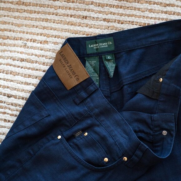 RALPH LAUREN PANTS SZ 10 NAVY BLUE JEANS 100% LINEN CROPPED WIDE LEG - Picture 4 of 8